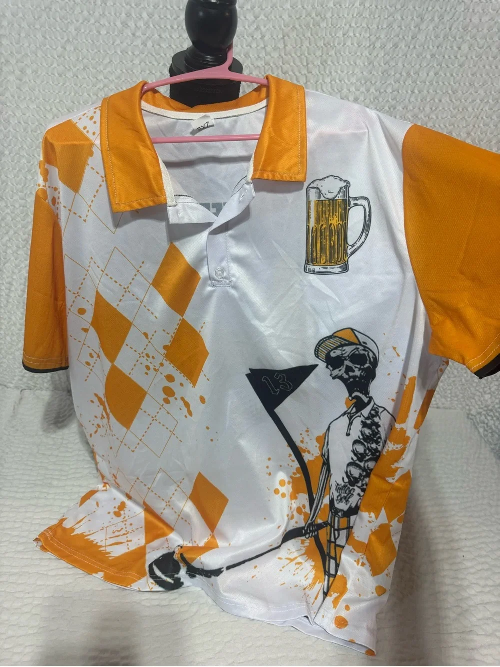 Men's Orange & White Graphic Polo with Beer & Skeleton Motif - Picture 1 of 2